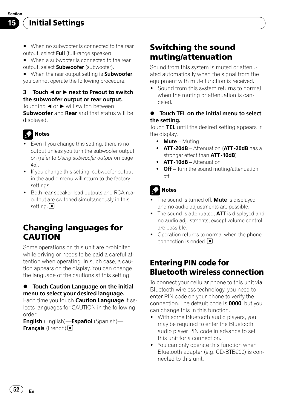 Changing languages for caution, Switching the sound muting/attenuation, Entering pin code for bluetooth wireless | Connection, Initial settings | Pioneer DVD AV RECEIVER AVH-P3100DVD User Manual | Page 52 / 117