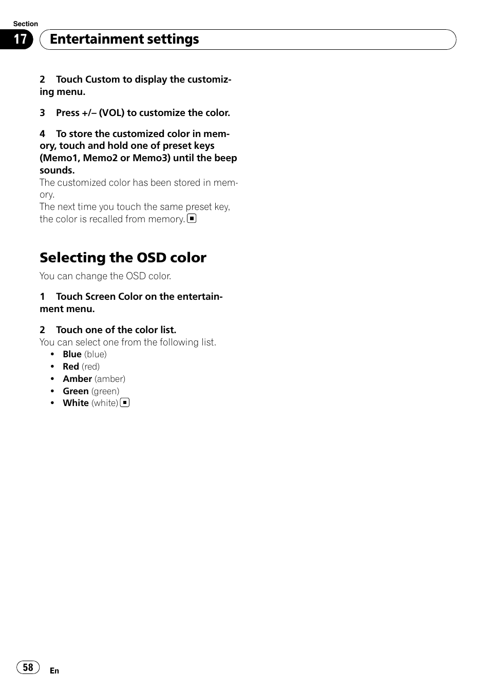 Selecting the osd color, Entertainment settings | Pioneer DVD AV RECEIVER AVH-P3100DVD User Manual | Page 58 / 117