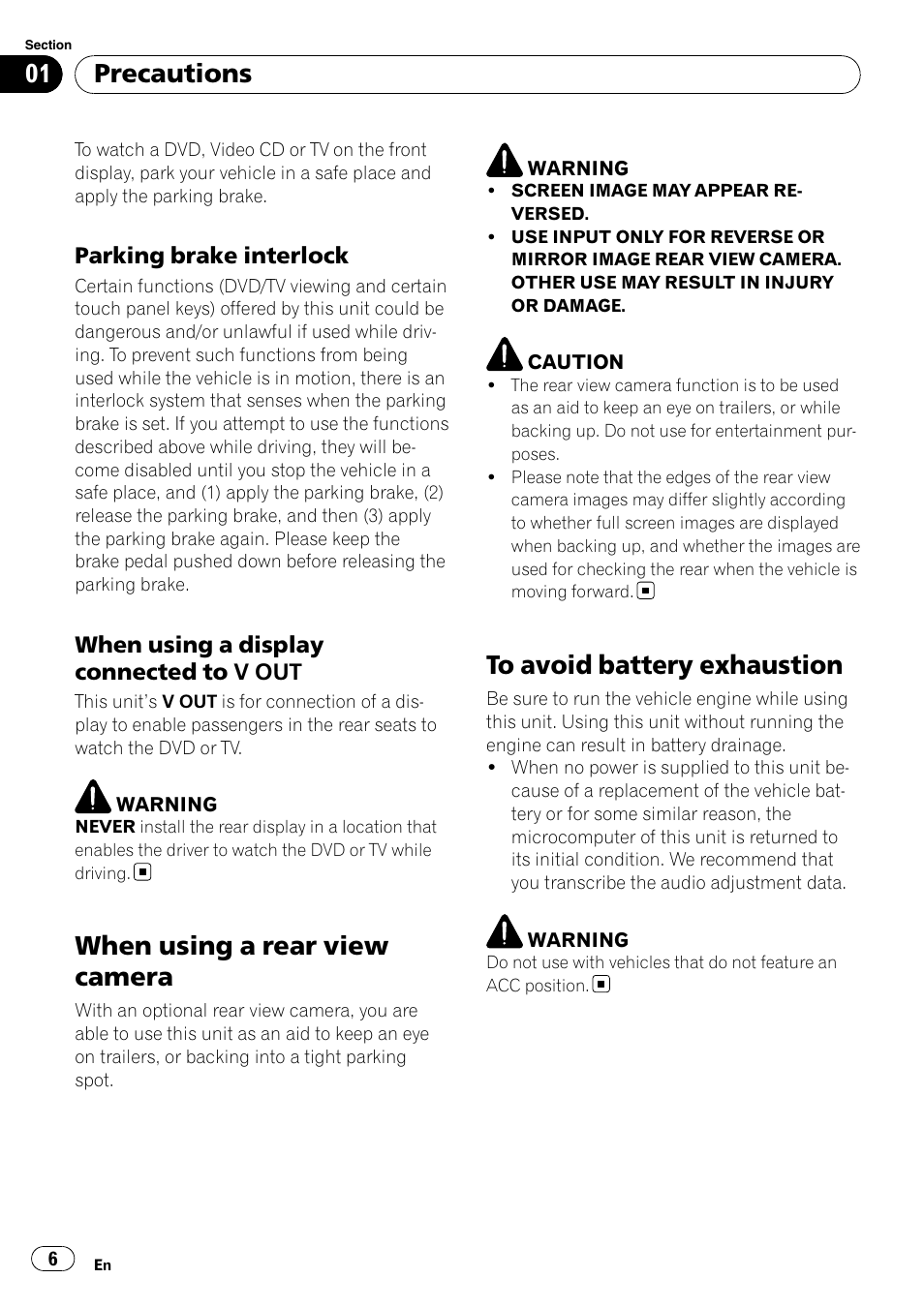 When using a rear view camera, To avoid battery exhaustion, Precautions | Pioneer DVD AV RECEIVER AVH-P3100DVD User Manual | Page 6 / 117