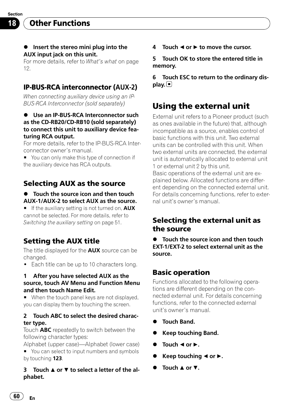 Using the external unit, Other functions, Ip-bus-rca interconnector (aux-2) | Selecting aux as the source, Setting the aux title, Selecting the external unit as the source, Basic operation | Pioneer DVD AV RECEIVER AVH-P3100DVD User Manual | Page 60 / 117