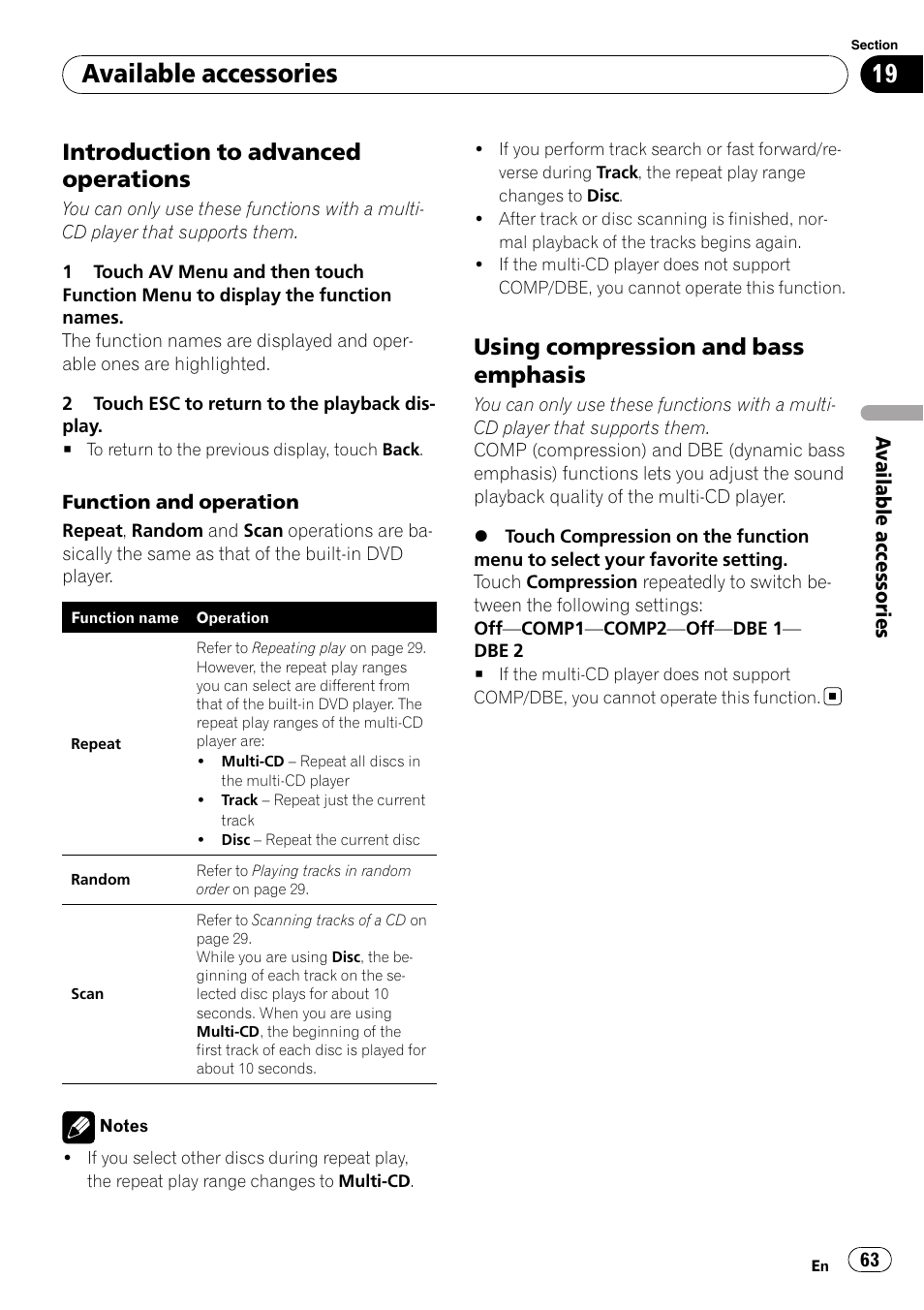 Available accessories, Introduction to advanced operations, Using compression and bass emphasis | Pioneer DVD AV RECEIVER AVH-P3100DVD User Manual | Page 63 / 117