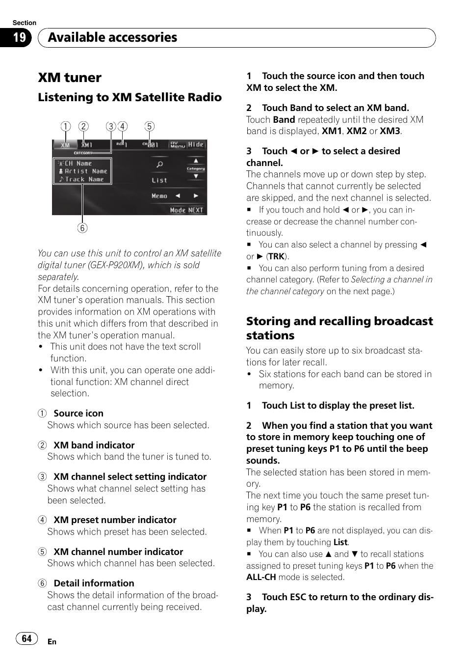 Xm tuner, Available accessories | Pioneer DVD AV RECEIVER AVH-P3100DVD User Manual | Page 64 / 117