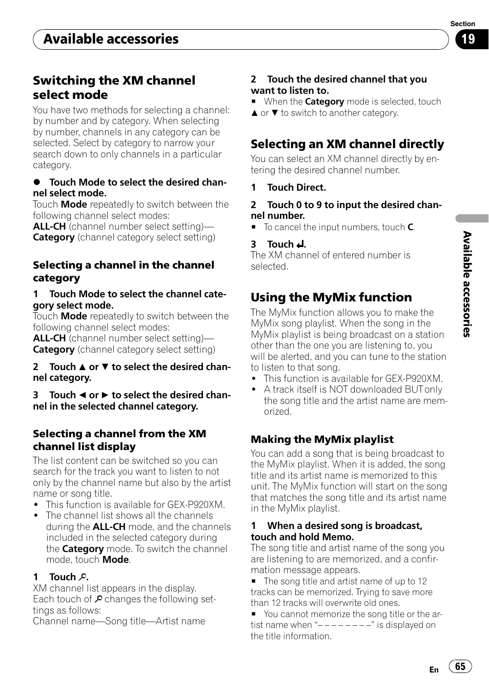 Available accessories, Switching the xm channel select mode, Selecting an xm channel directly | Using the mymix function | Pioneer DVD AV RECEIVER AVH-P3100DVD User Manual | Page 65 / 117