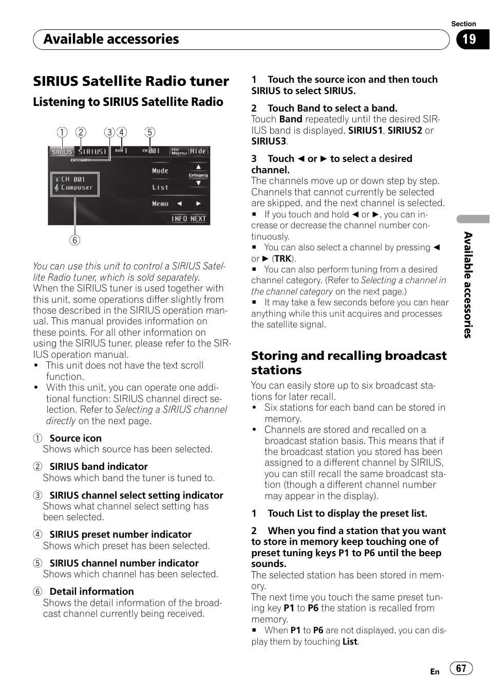 Sirius satellite radio tuner, Available accessories | Pioneer DVD AV RECEIVER AVH-P3100DVD User Manual | Page 67 / 117