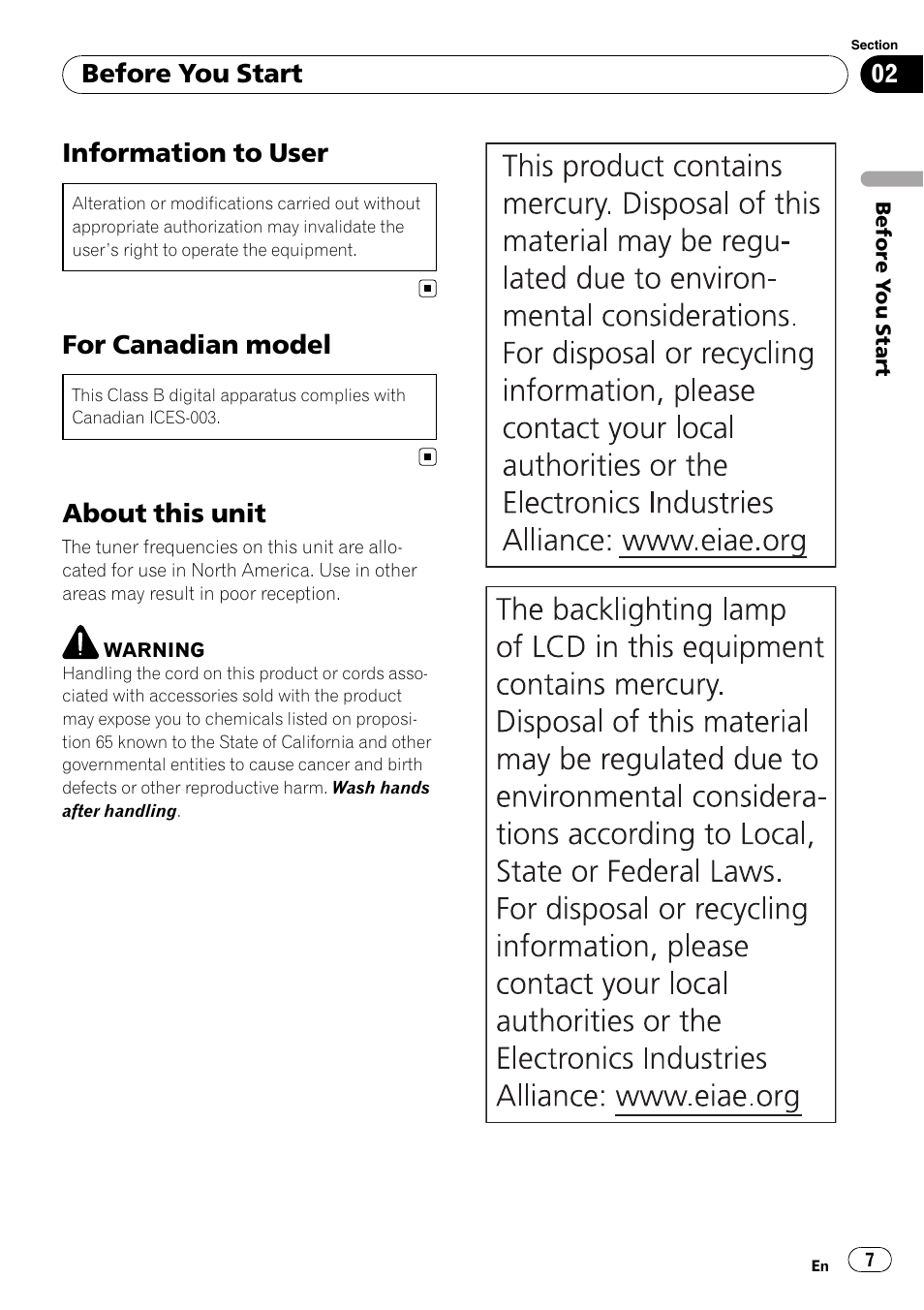 Before you start information to user, For canadian model, About this unit | Information to user, Before you start | Pioneer DVD AV RECEIVER AVH-P3100DVD User Manual | Page 7 / 117