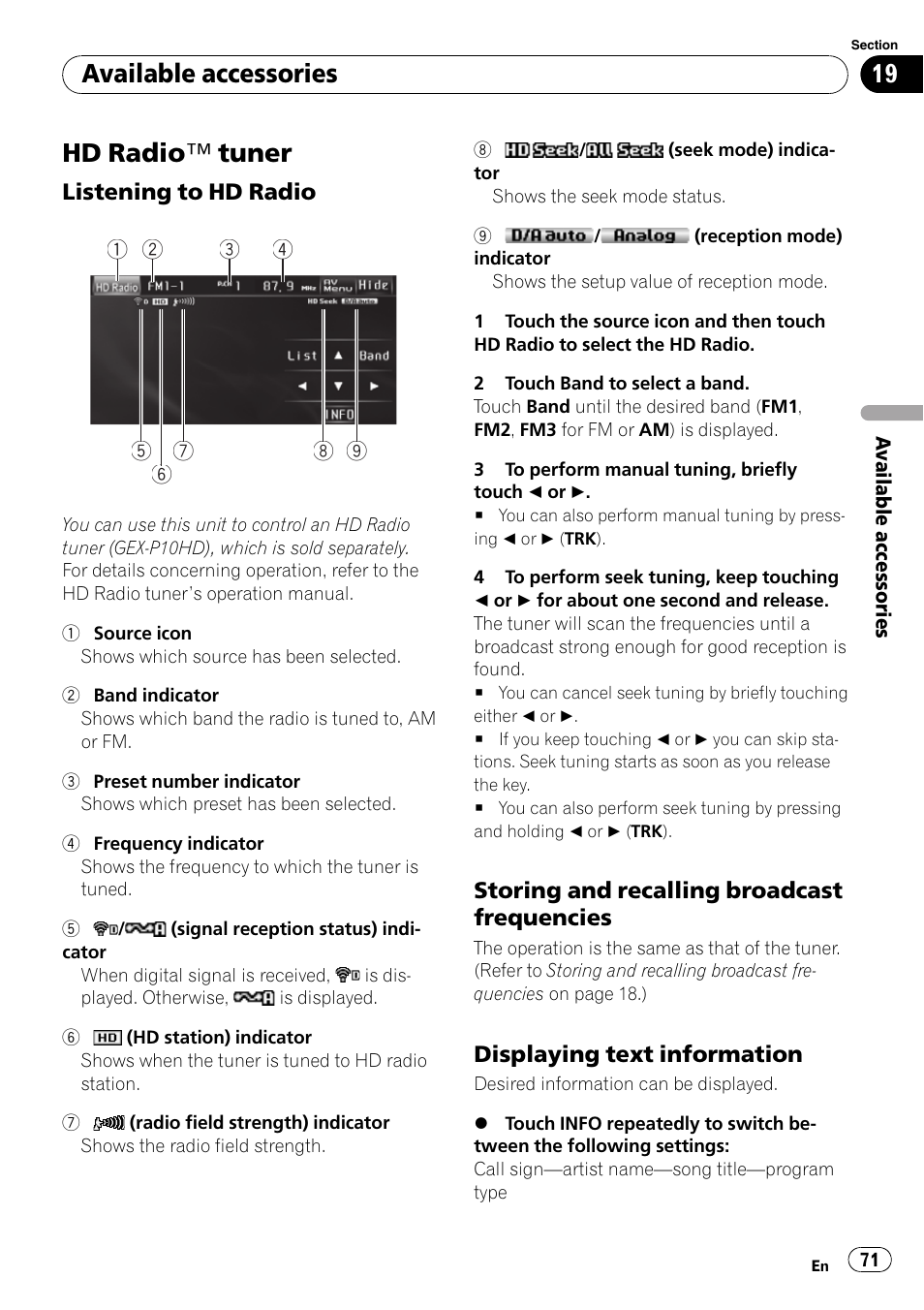 Hd radio, Tuner 71, Hd radio ™ tuner | Available accessories | Pioneer DVD AV RECEIVER AVH-P3100DVD User Manual | Page 71 / 117