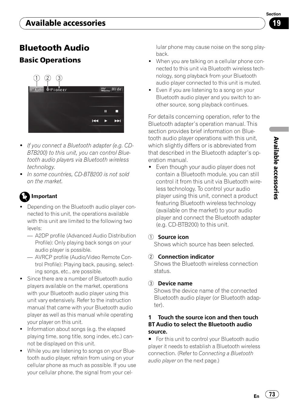 Bluetooth audio, Available accessories | Pioneer DVD AV RECEIVER AVH-P3100DVD User Manual | Page 73 / 117