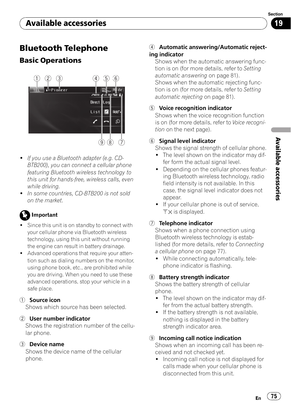 Bluetooth telephone, Available accessories | Pioneer DVD AV RECEIVER AVH-P3100DVD User Manual | Page 75 / 117