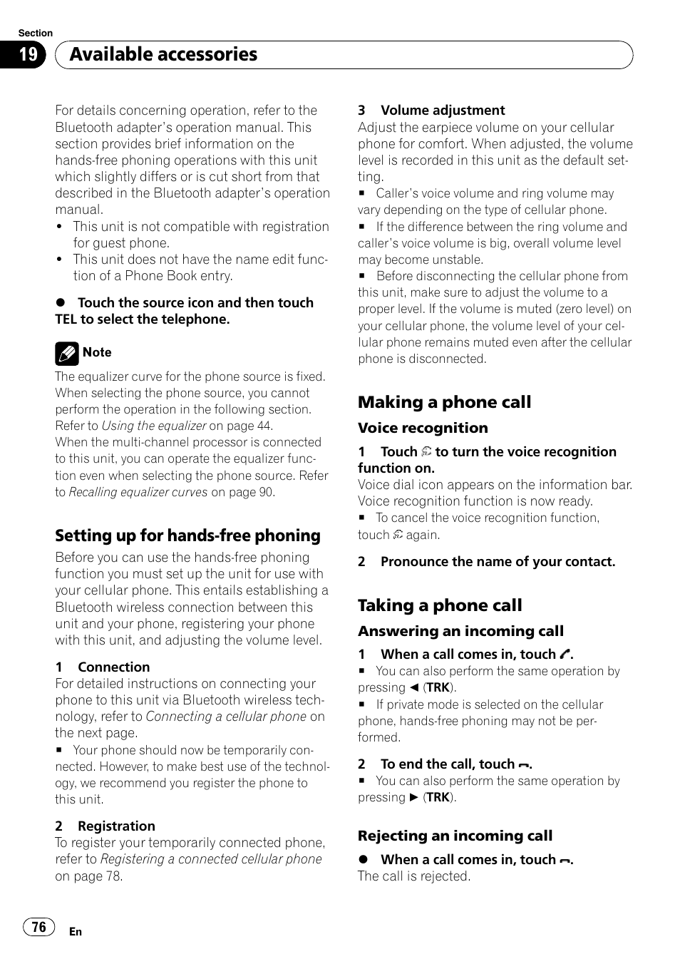 Available accessories, Setting up for hands-free phoning, Making a phone call | Taking a phone call | Pioneer DVD AV RECEIVER AVH-P3100DVD User Manual | Page 76 / 117
