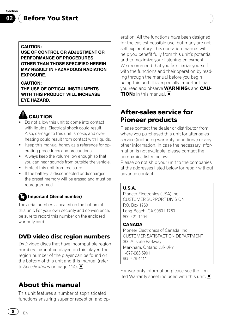 Dvd video disc region numbers 8, About this manual, After-sales service for pioneer products | Before you start, Dvd video disc region numbers | Pioneer DVD AV RECEIVER AVH-P3100DVD User Manual | Page 8 / 117