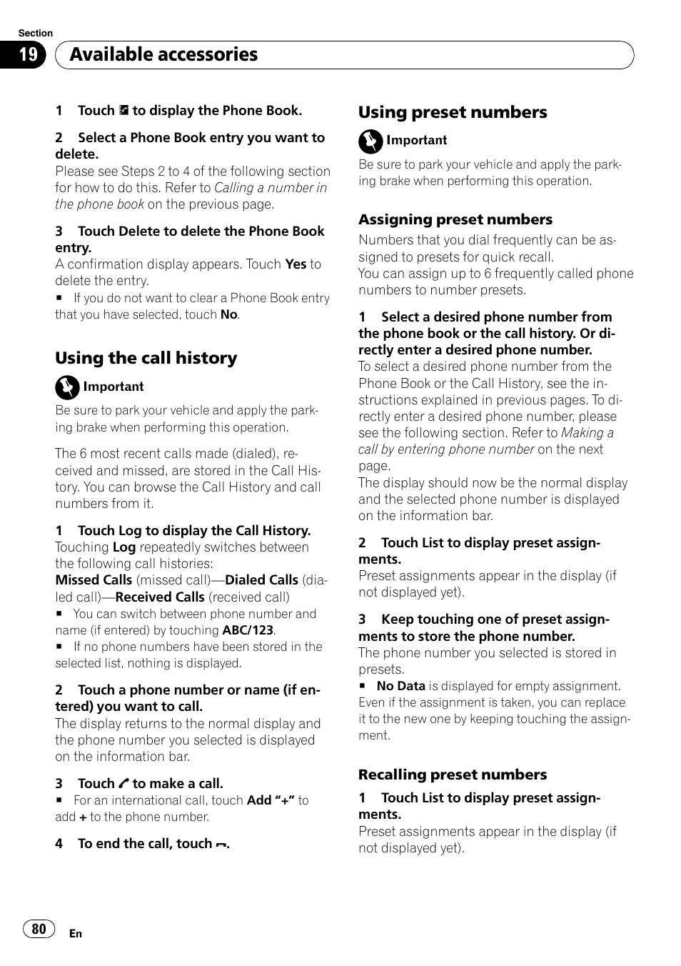 Available accessories, Using the call history, Using preset numbers | Pioneer DVD AV RECEIVER AVH-P3100DVD User Manual | Page 80 / 117
