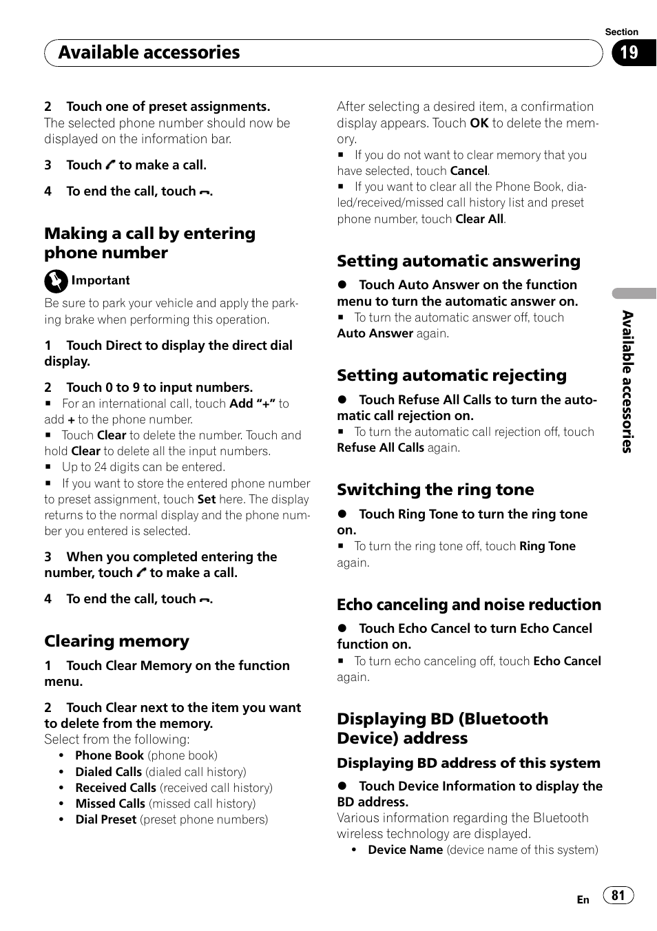 Available accessories, Making a call by entering phone number, Setting automatic answering | Setting automatic rejecting, Switching the ring tone, Echo canceling and noise reduction, Displaying bd (bluetooth device) address | Pioneer DVD AV RECEIVER AVH-P3100DVD User Manual | Page 81 / 117