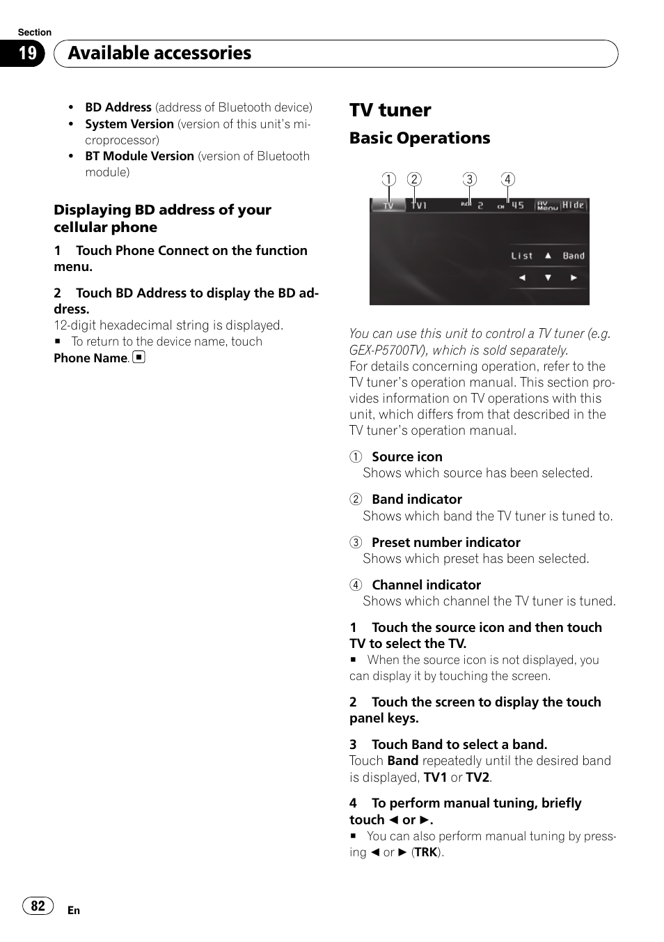 Tv tuner, Available accessories | Pioneer DVD AV RECEIVER AVH-P3100DVD User Manual | Page 82 / 117