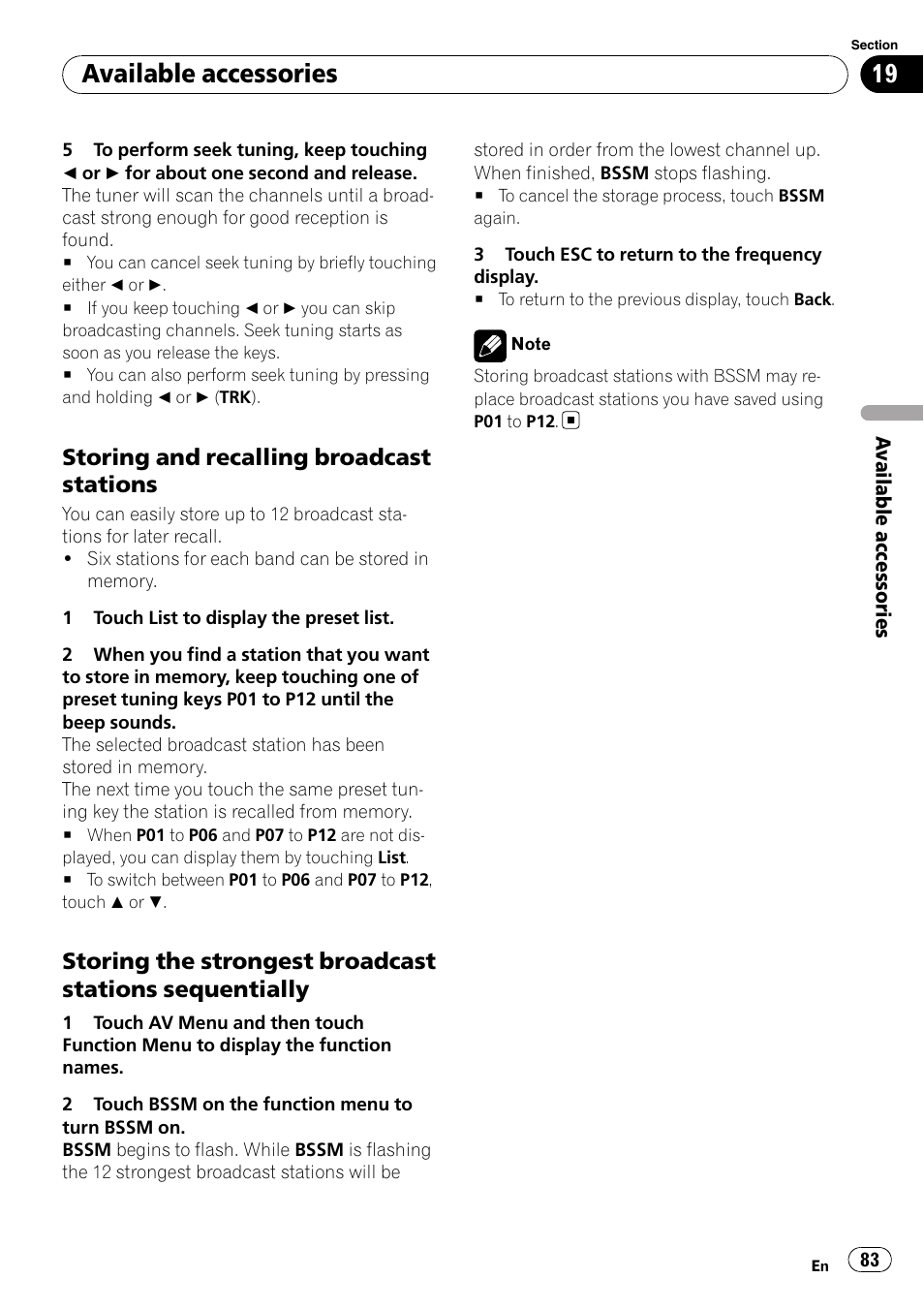Available accessories, Storing and recalling broadcast stations | Pioneer DVD AV RECEIVER AVH-P3100DVD User Manual | Page 83 / 117