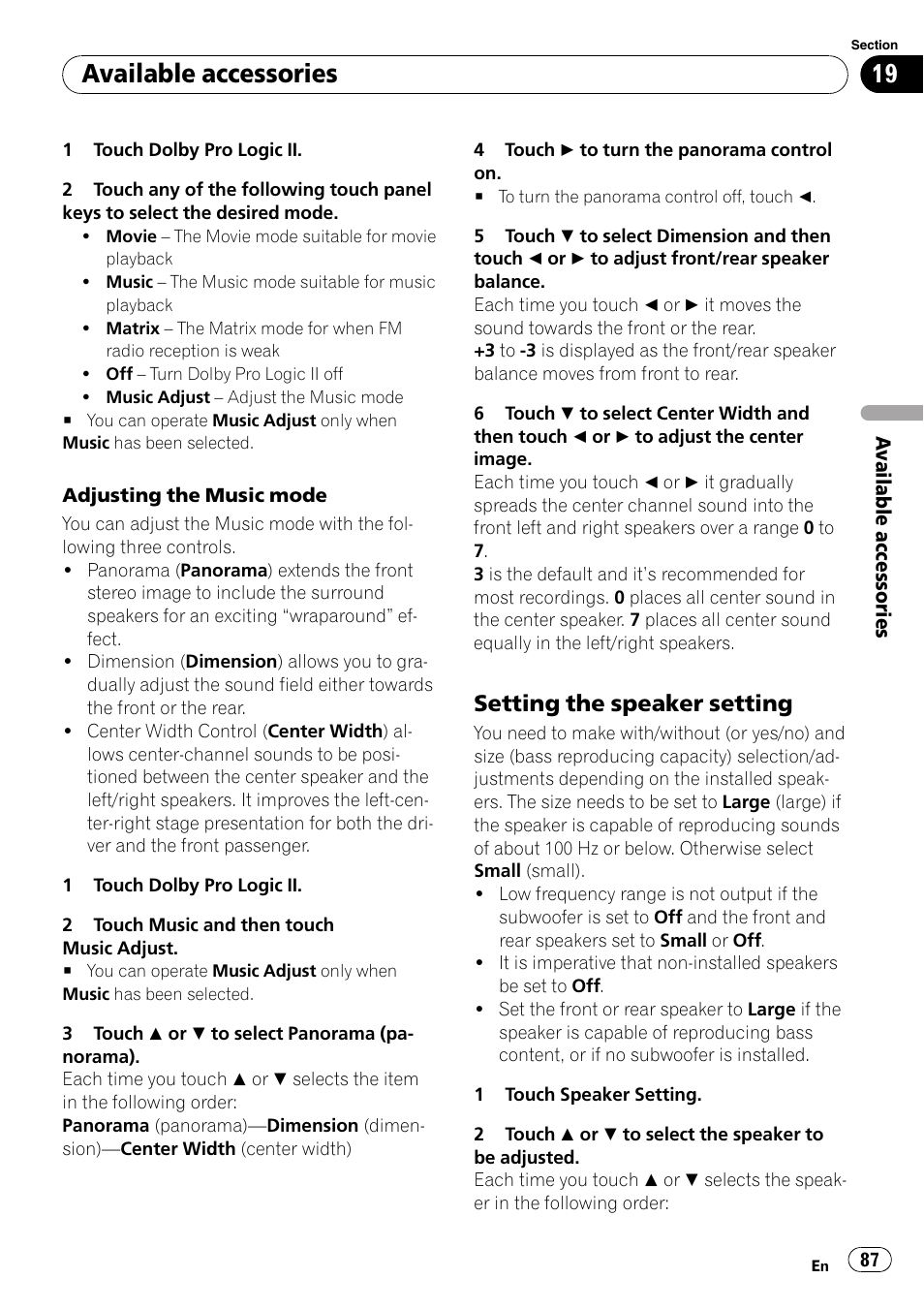 Setting the speaker setting, Available accessories | Pioneer DVD AV RECEIVER AVH-P3100DVD User Manual | Page 87 / 117