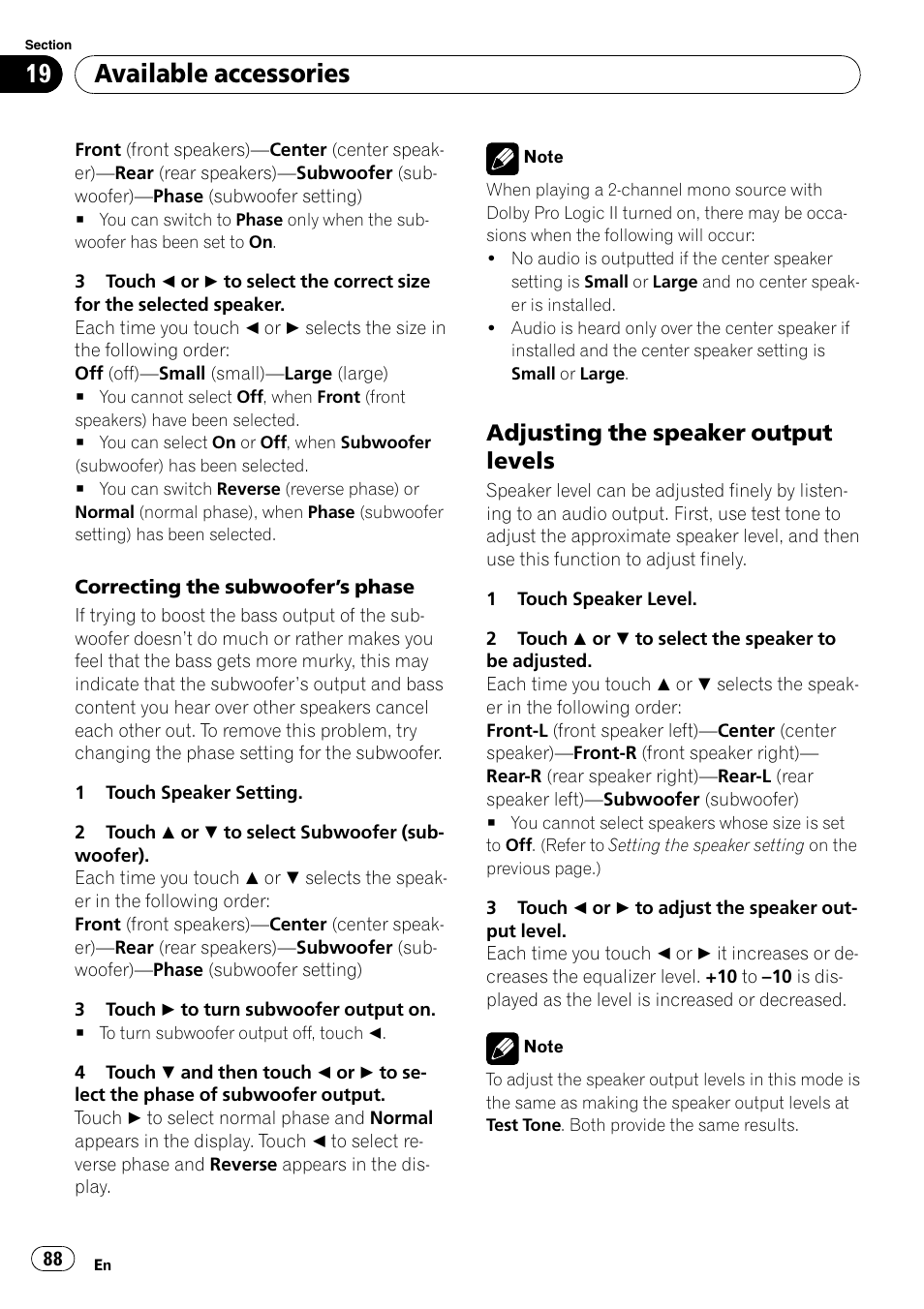 Adjusting the speaker output levels, Available accessories | Pioneer DVD AV RECEIVER AVH-P3100DVD User Manual | Page 88 / 117