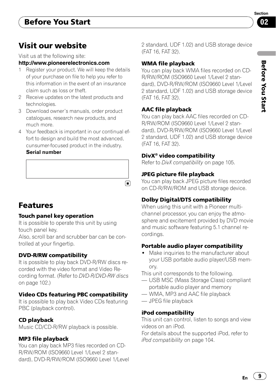 Visit our website, Features, Before you start | Pioneer DVD AV RECEIVER AVH-P3100DVD User Manual | Page 9 / 117