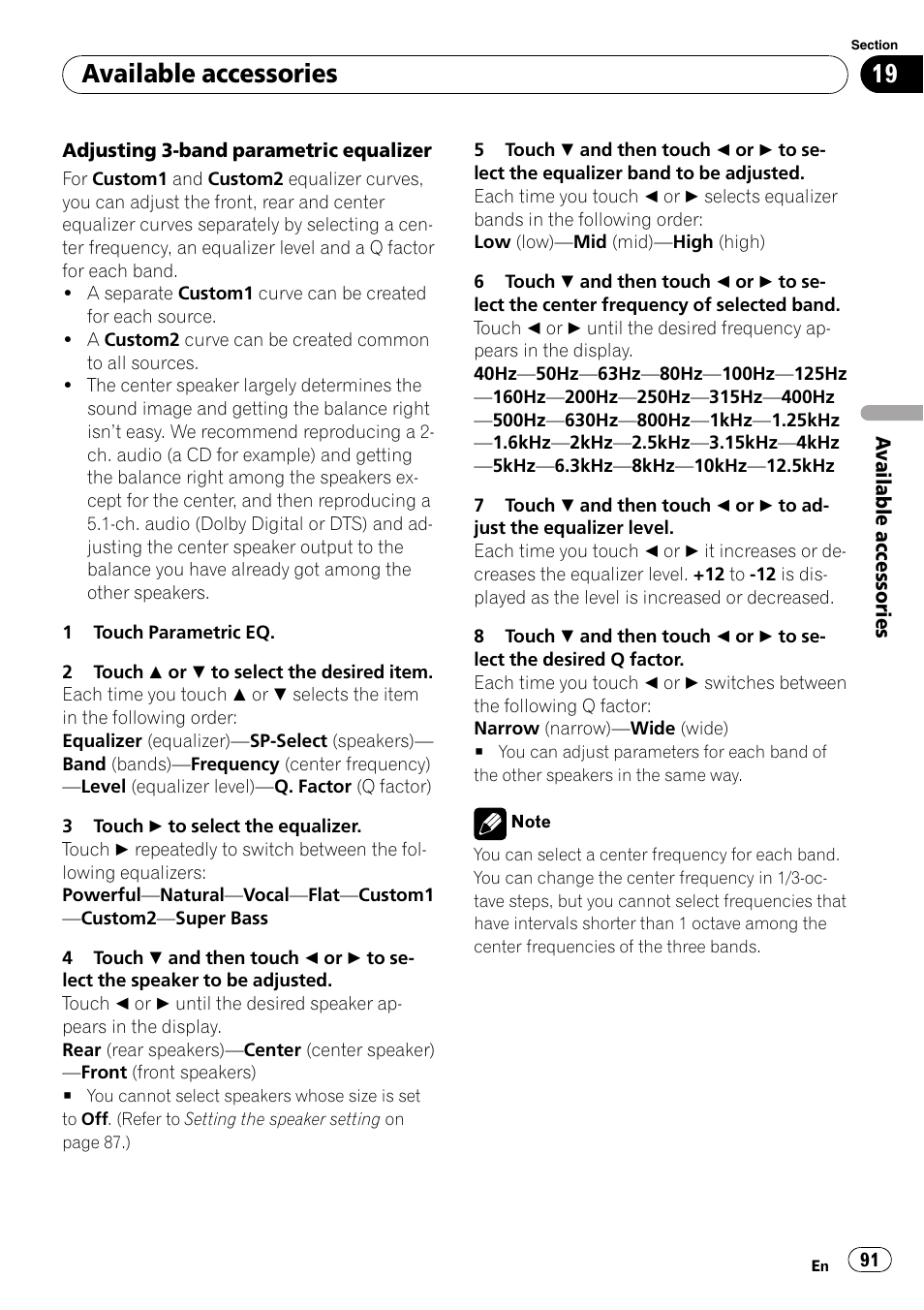 Adjusting 3-band parametric equalizer, Available accessories | Pioneer DVD AV RECEIVER AVH-P3100DVD User Manual | Page 91 / 117