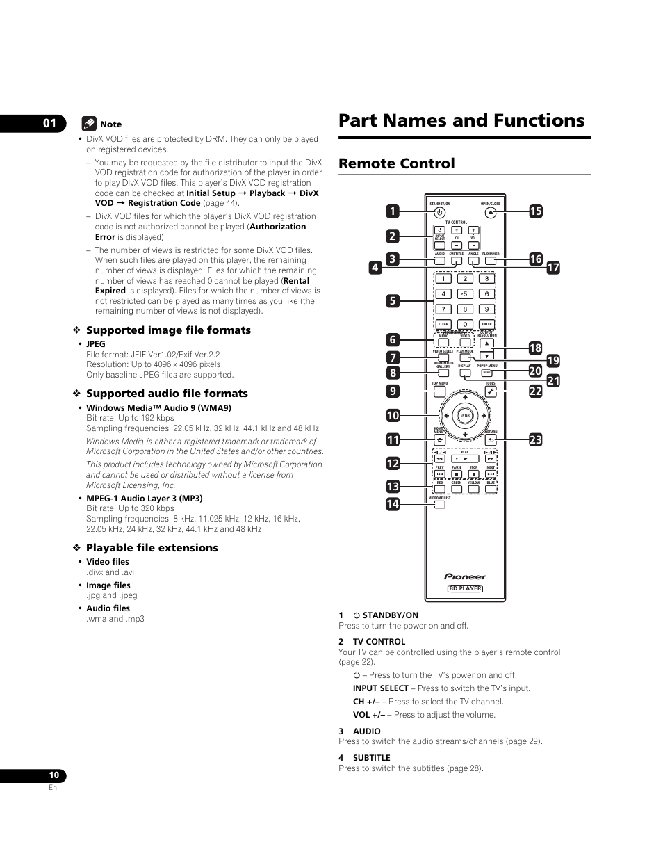 Part names and functions, Remote control, Supported image file formats | Supported audio file formats, Playable file extensions | Pioneer BONUSVIEW BDP-LX91 User Manual | Page 10 / 73