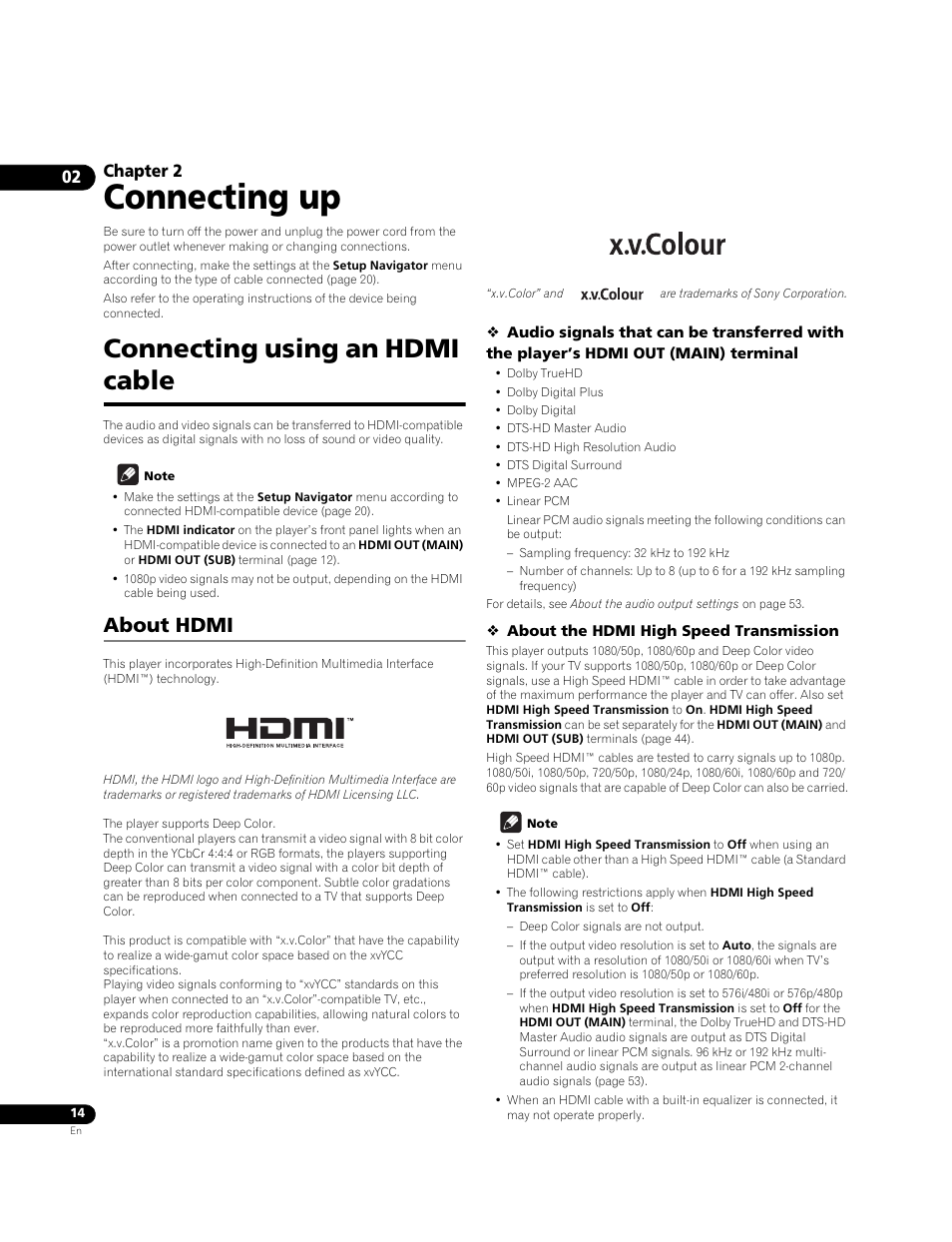 Connecting using an hdmi cable, About hdmi, Connecting up | Chapter 2 | Pioneer BONUSVIEW BDP-LX91 User Manual | Page 14 / 73