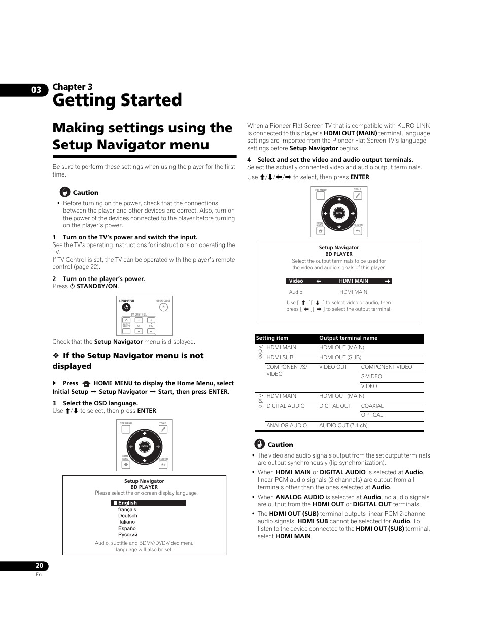 Making settings using the setup navigator menu, Getting started, Chapter 3 | If the setup navigator menu is not displayed | Pioneer BONUSVIEW BDP-LX91 User Manual | Page 20 / 73