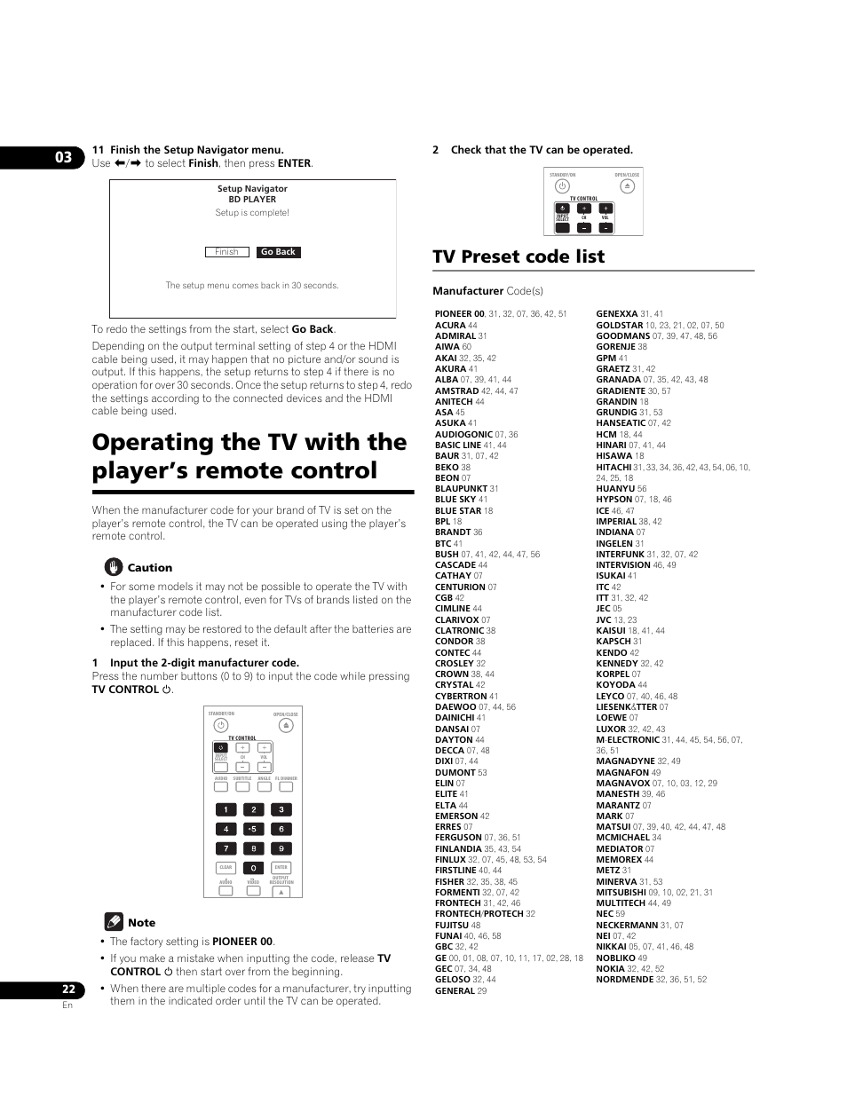 Operating the tv with the player’s remote control, Tv preset code list | Pioneer BONUSVIEW BDP-LX91 User Manual | Page 22 / 73