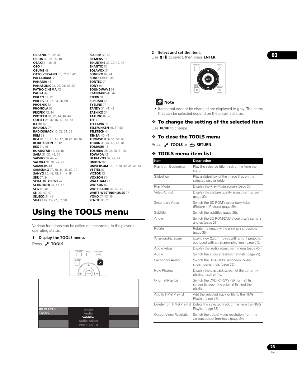 Using the tools menu, Tools menu item list | Pioneer BONUSVIEW BDP-LX91 User Manual | Page 23 / 73