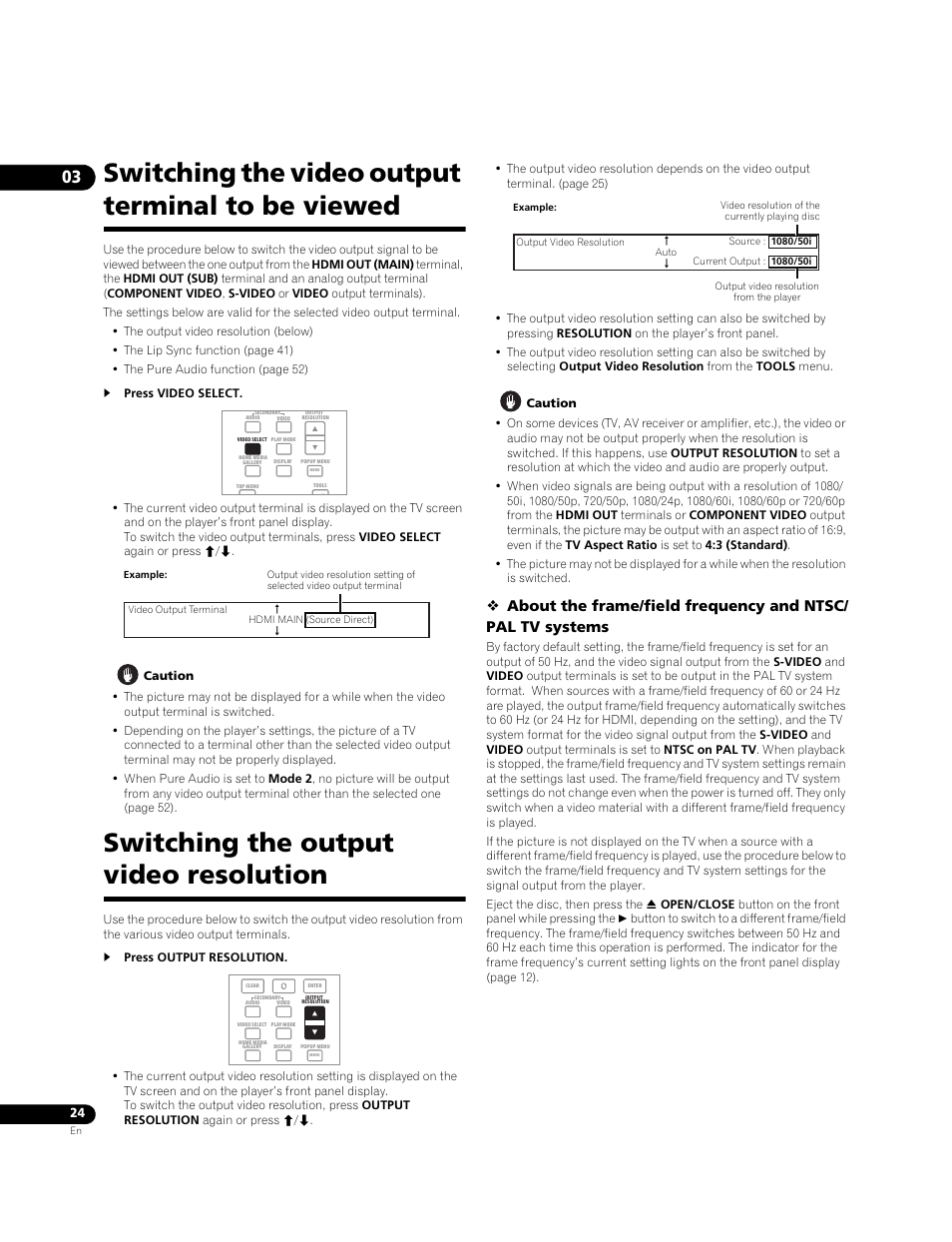 Switching the video output terminal to be viewed, Switching the output video resolution | Pioneer BONUSVIEW BDP-LX91 User Manual | Page 24 / 73