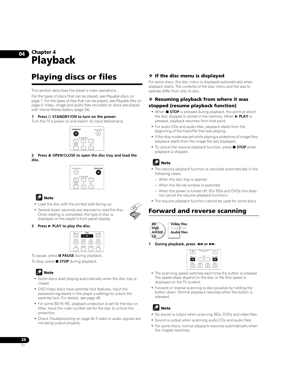 Playing discs or files, Forward and reverse scanning, Playback | Chapter 4, If the disc menu is displayed | Pioneer BONUSVIEW BDP-LX91 User Manual | Page 26 / 73