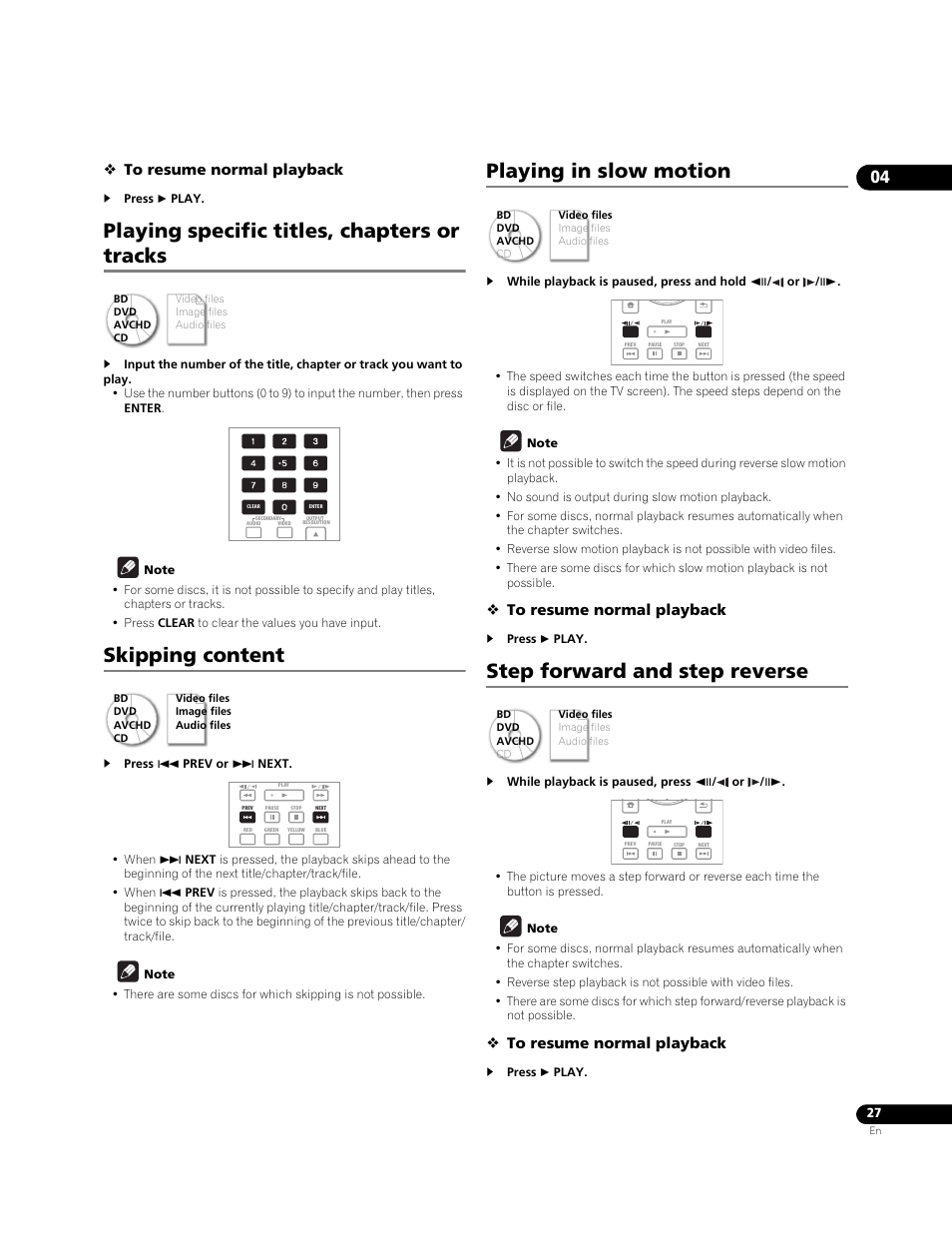 Playing specific titles, chapters or tracks, Skipping content, Playing in slow motion | Step forward and step reverse | Pioneer BONUSVIEW BDP-LX91 User Manual | Page 27 / 73