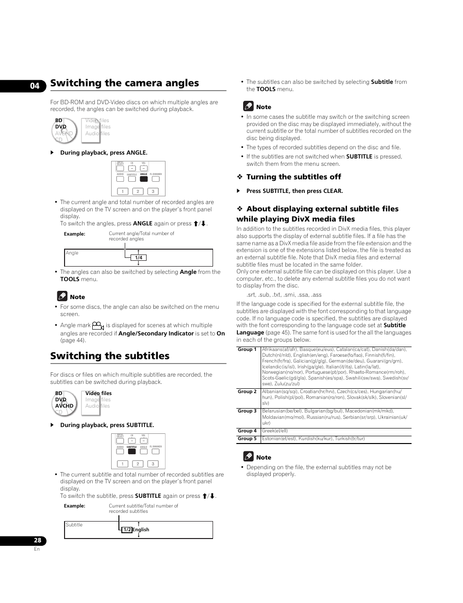 Switching the camera angles, Switching the subtitles, Turning the subtitles off | Pioneer BONUSVIEW BDP-LX91 User Manual | Page 28 / 73