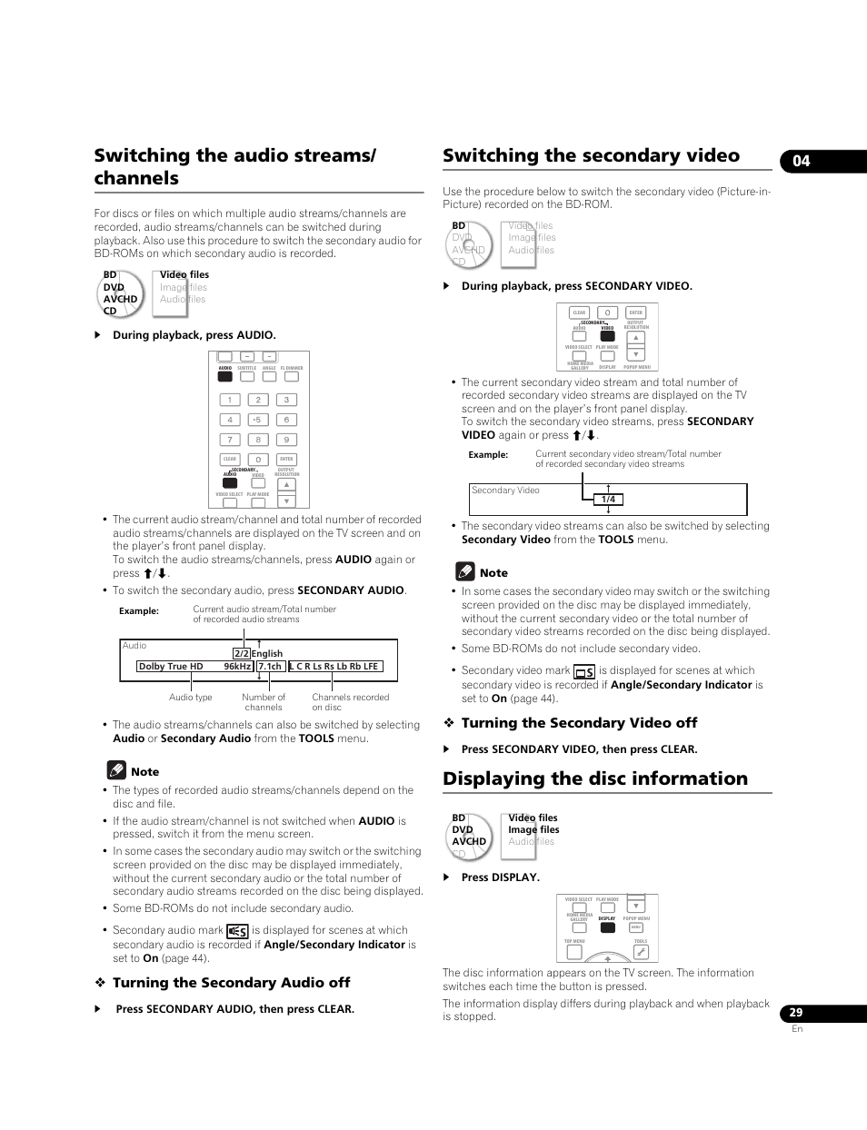 Switching the audio streams/ channels, Switching the secondary video, Displaying the disc information | Turning the secondary audio off, Turning the secondary video off | Pioneer BONUSVIEW BDP-LX91 User Manual | Page 29 / 73