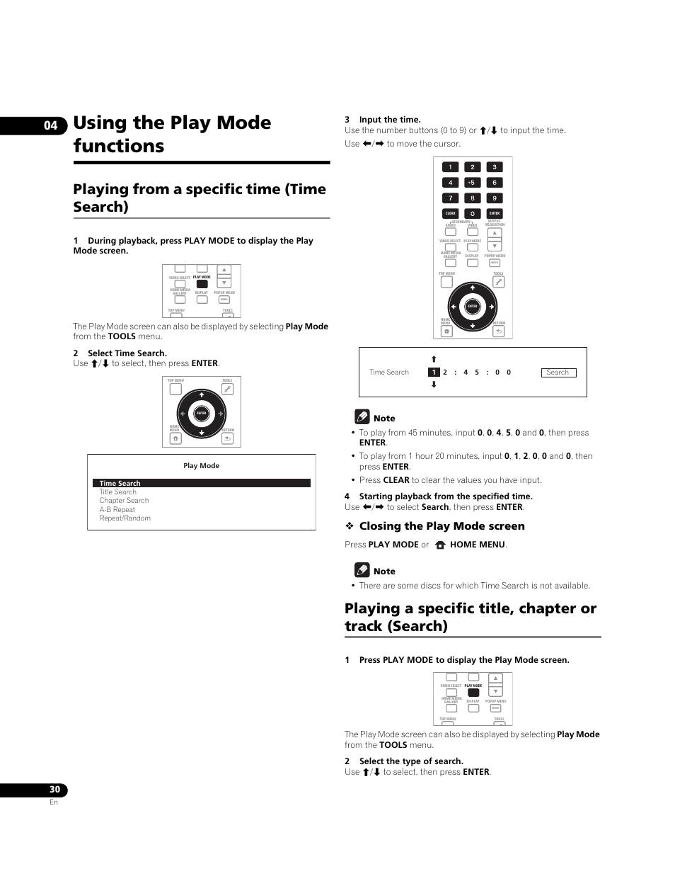 Using the play mode functions, Playing from a specific time (time search), Closing the play mode screen | Pioneer BONUSVIEW BDP-LX91 User Manual | Page 30 / 73