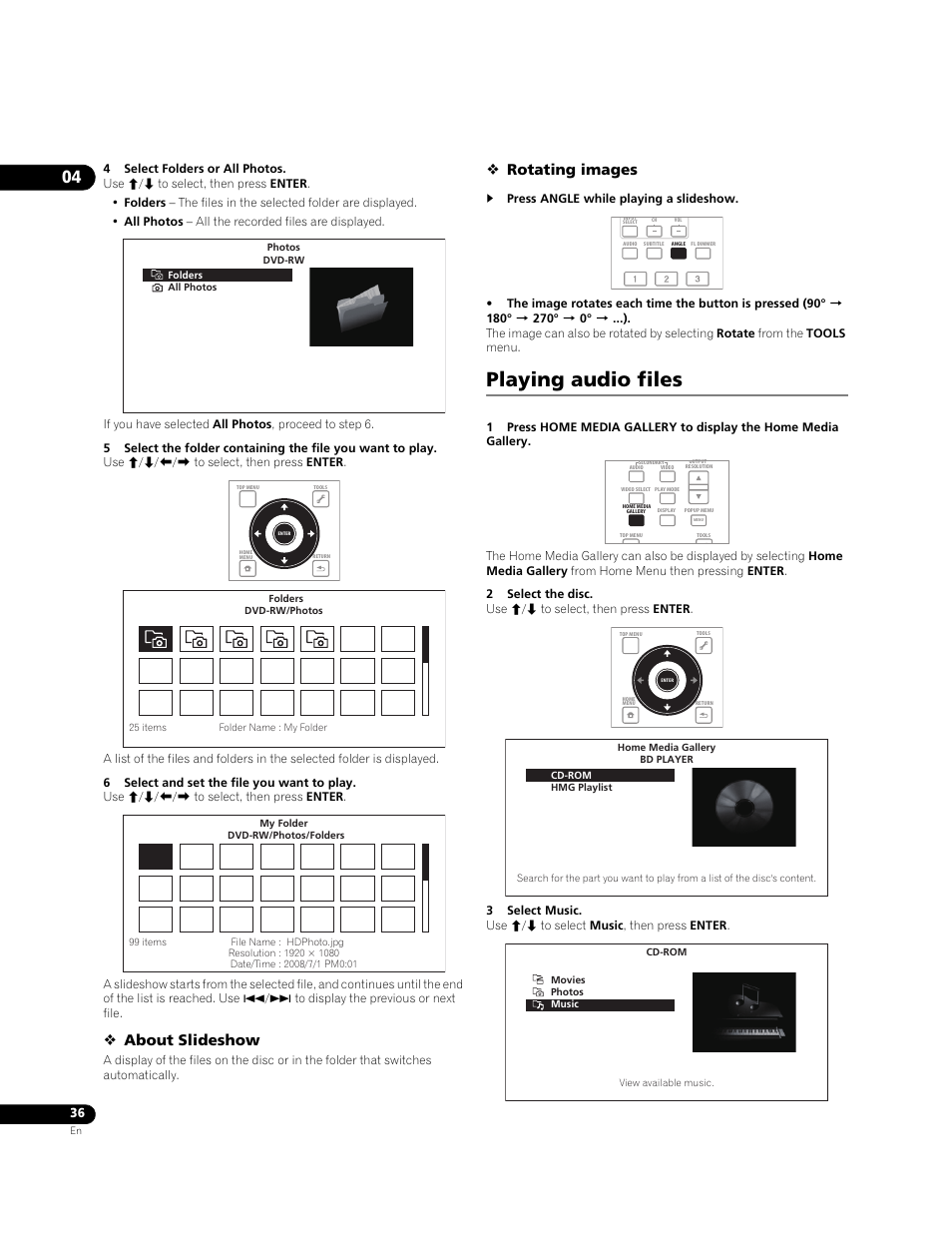 Playing audio files, About slideshow, Rotating images | Pioneer BONUSVIEW BDP-LX91 User Manual | Page 36 / 73