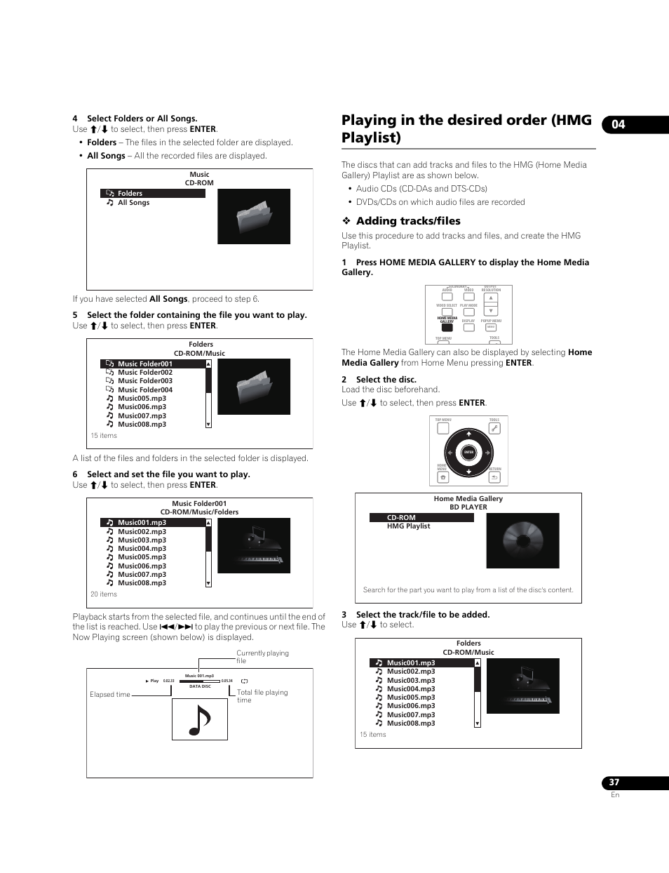 Playing in the desired order (hmg playlist), Adding tracks/files | Pioneer BONUSVIEW BDP-LX91 User Manual | Page 37 / 73