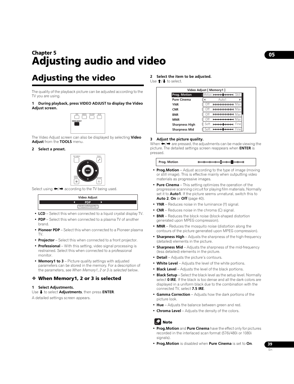 Adjusting the video, Adjusting audio and video, 05 chapter 5 | Pioneer BONUSVIEW BDP-LX91 User Manual | Page 39 / 73