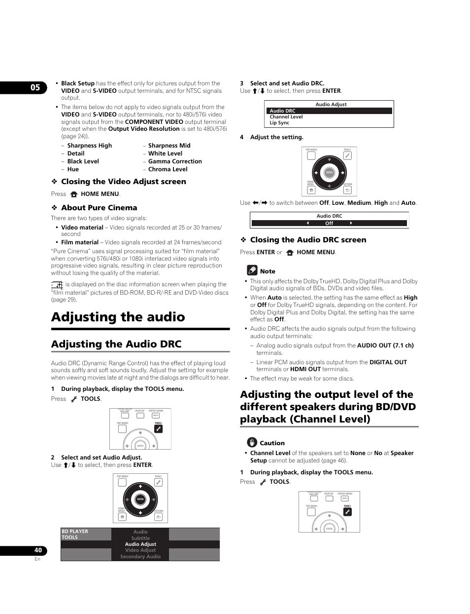 Adjusting the audio, Adjusting the audio drc, Closing the video adjust screen | About pure cinema, Closing the audio drc screen | Pioneer BONUSVIEW BDP-LX91 User Manual | Page 40 / 73