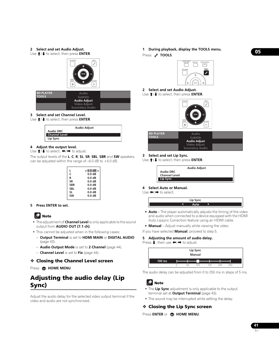 Adjusting the audio delay (lip sync), Closing the channel level screen, Closing the lip sync screen | Pioneer BONUSVIEW BDP-LX91 User Manual | Page 41 / 73