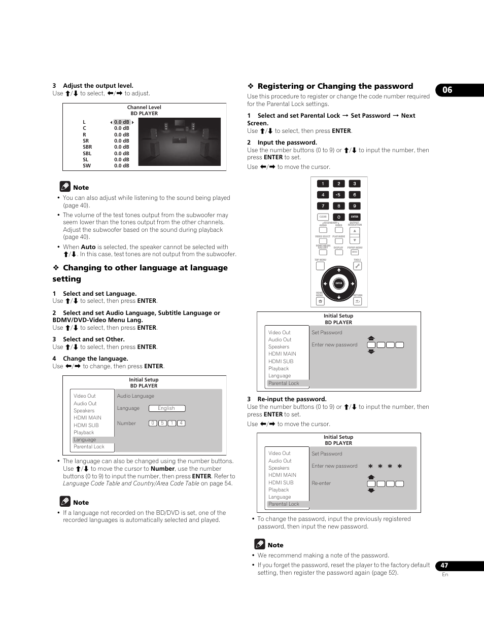 Changing to other language at language setting, Registering or changing the password | Pioneer BONUSVIEW BDP-LX91 User Manual | Page 47 / 73