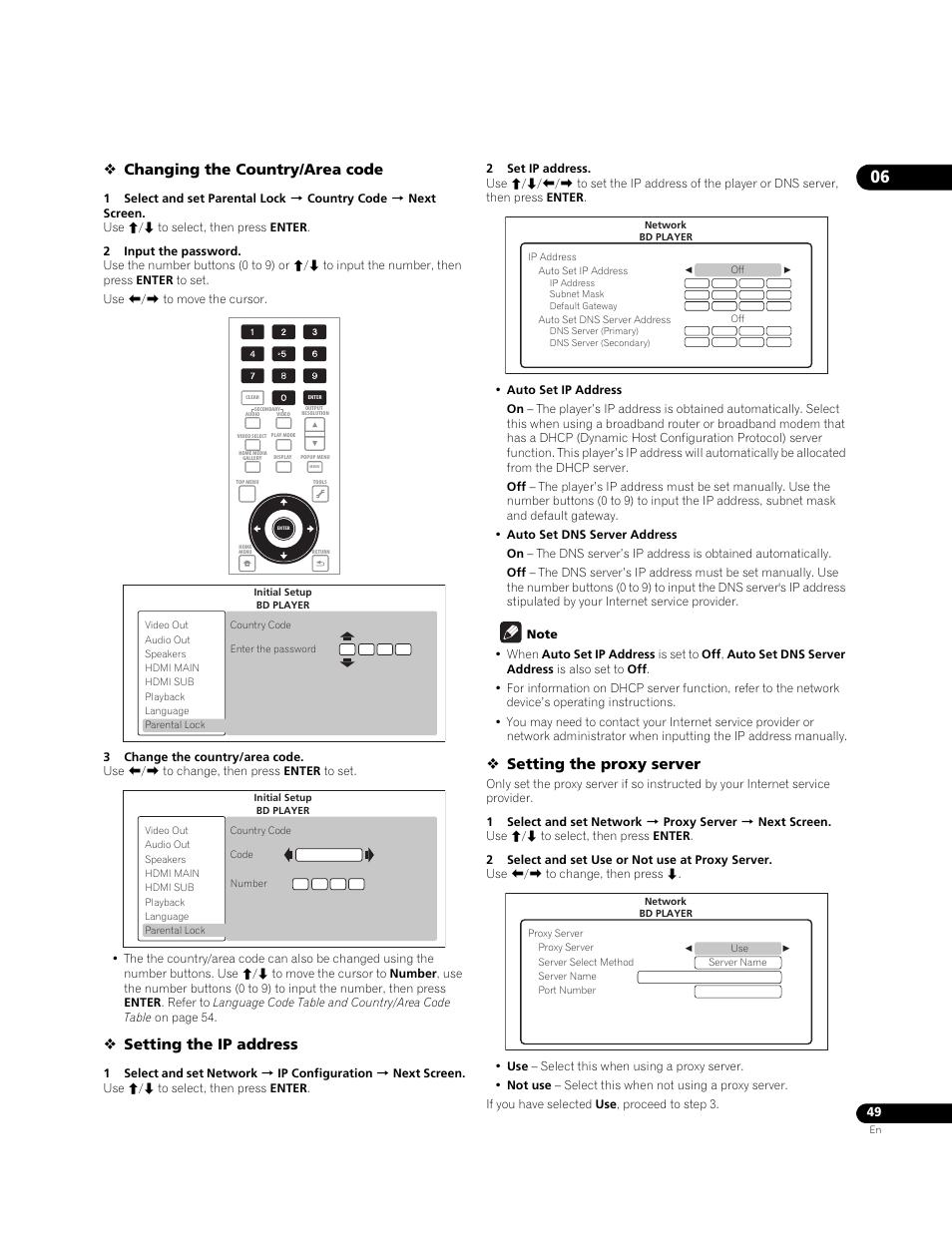 Changing the country/area code, Setting the ip address, Setting the proxy server | Pioneer BONUSVIEW BDP-LX91 User Manual | Page 49 / 73