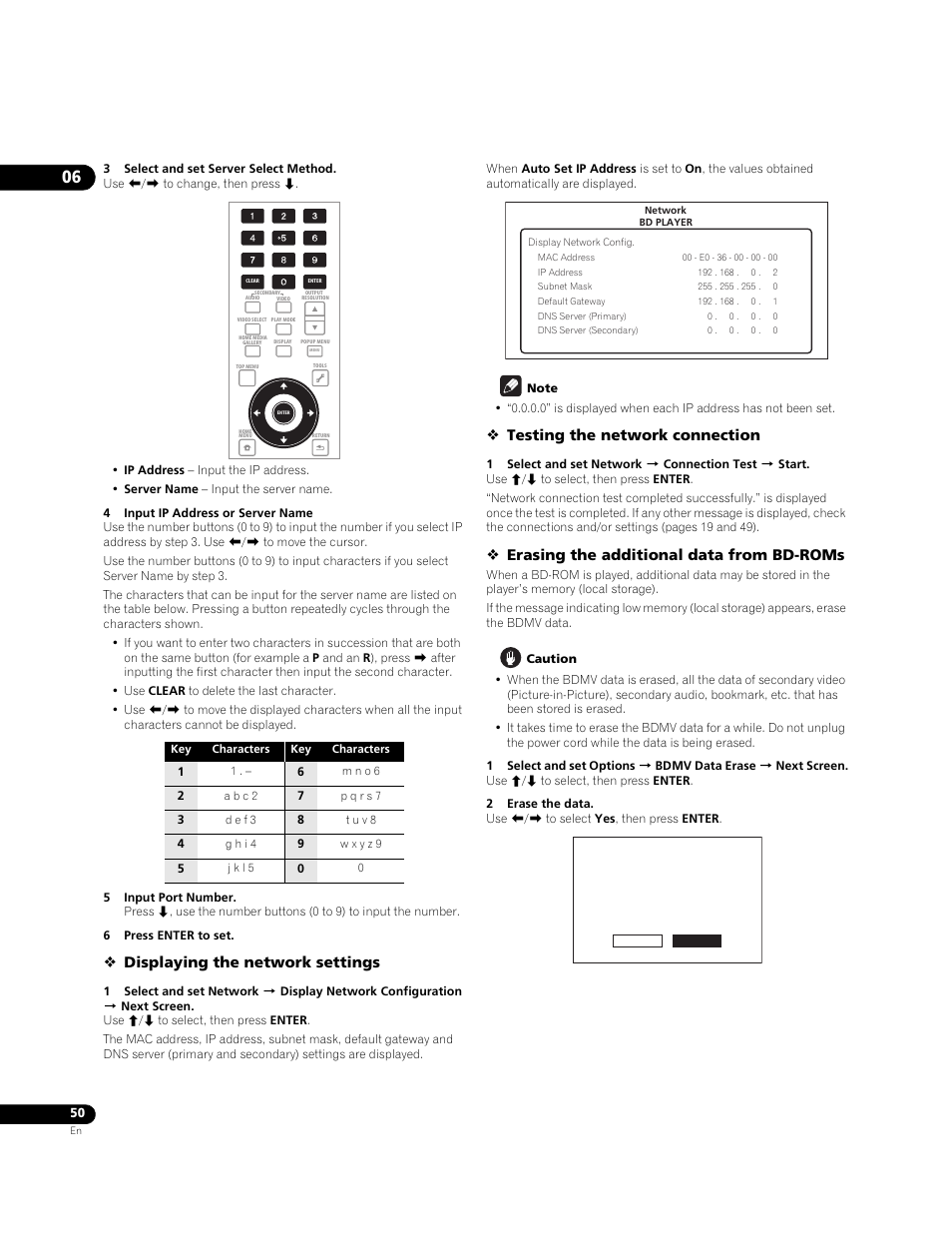 Displaying the network settings, Testing the network connection, Erasing the additional data from bd-roms | Pioneer BONUSVIEW BDP-LX91 User Manual | Page 50 / 73