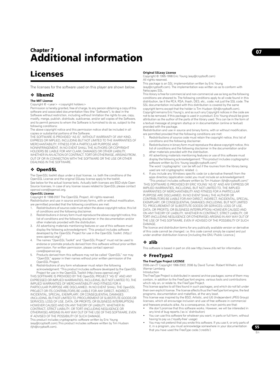 Licenses, Additional information, 07 chapter 7 | Pioneer BONUSVIEW BDP-LX91 User Manual | Page 55 / 73