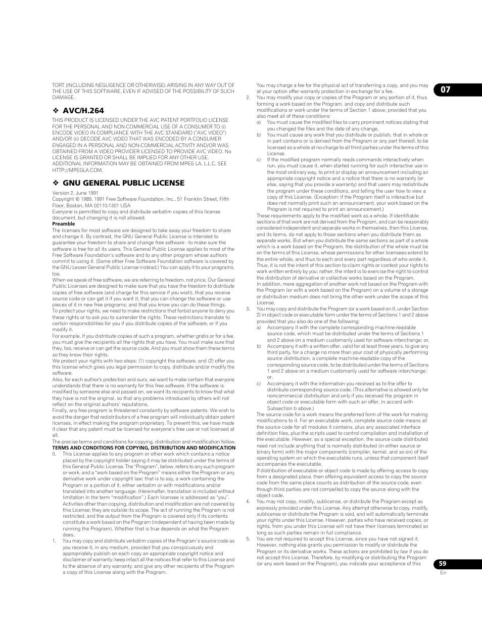 Avc/h.264, Gnu general public license | Pioneer BONUSVIEW BDP-LX91 User Manual | Page 59 / 73