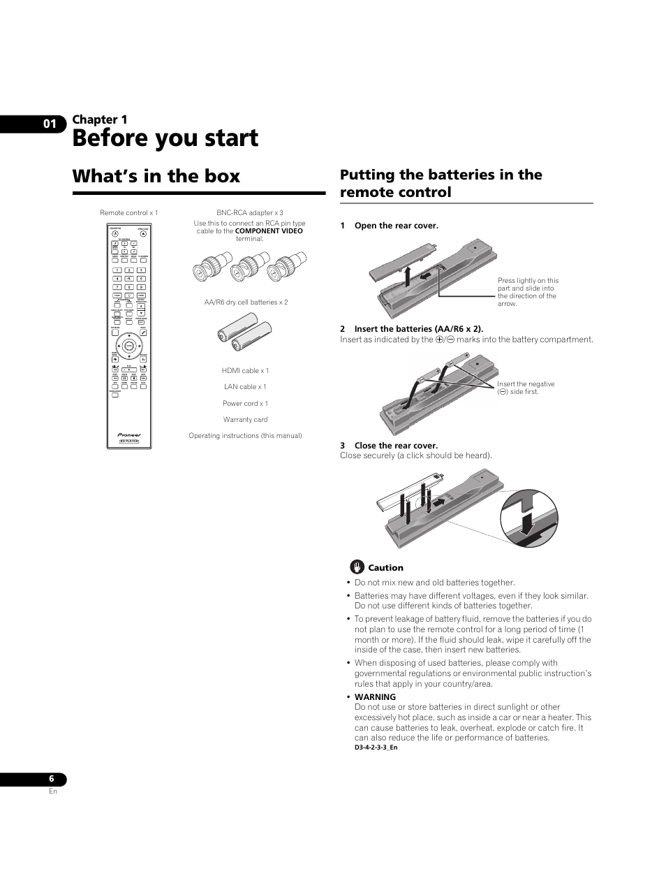 What’s in the box, Putting the batteries in the remote control, Before you start | Chapter 1 | Pioneer BONUSVIEW BDP-LX91 User Manual | Page 6 / 73