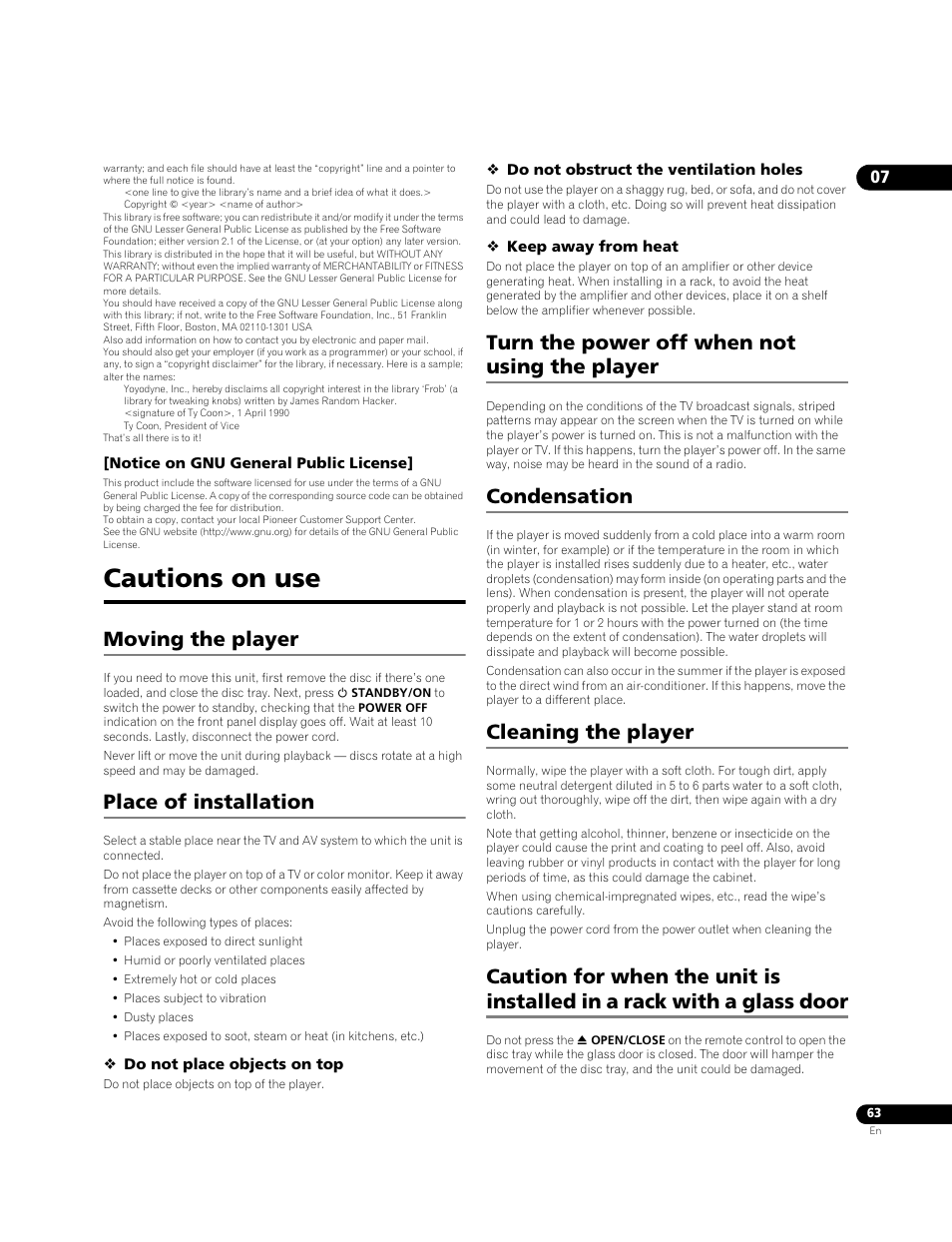 Cautions on use, Moving the player, Place of installation | Turn the power off when not using the player, Condensation, Cleaning the player | Pioneer BONUSVIEW BDP-LX91 User Manual | Page 63 / 73