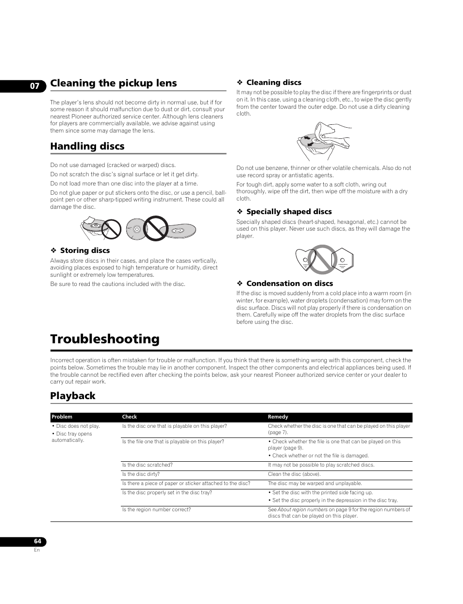 Cleaning the pickup lens handling discs, Troubleshooting, Playback | Cleaning the pickup lens, Handling discs | Pioneer BONUSVIEW BDP-LX91 User Manual | Page 64 / 73