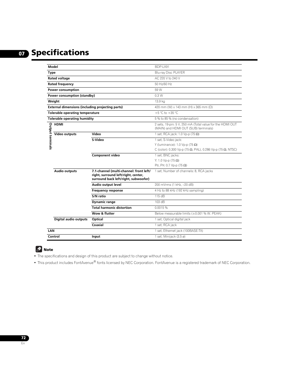 Specifications | Pioneer BONUSVIEW BDP-LX91 User Manual | Page 72 / 73