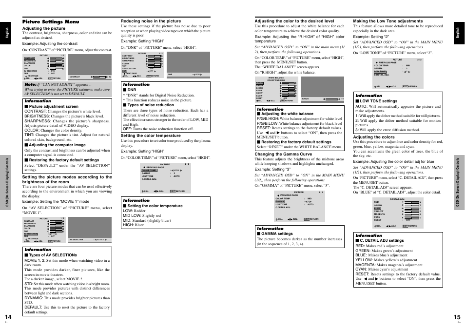 Picture settings menu | Pioneer PDP-614MX User Manual | Page 12 / 21