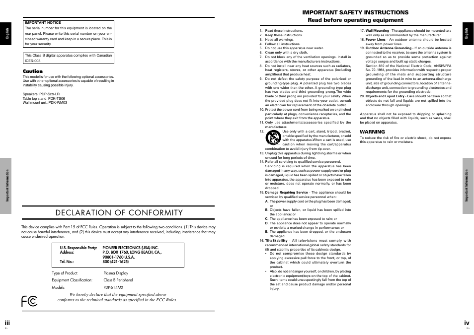 Declaration of conformity | Pioneer PDP-614MX User Manual | Page 4 / 21