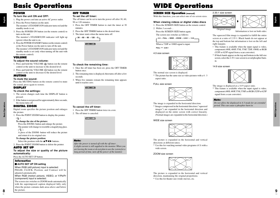 Basic operations, Wide operations | Pioneer PDP-614MX User Manual | Page 9 / 21